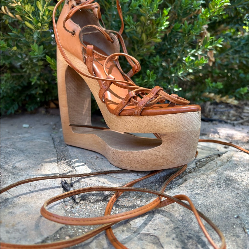 Jeffrey Campbell Sculptural Platform Heels | Lace Up Leather Sandals 7.5 - Picture 2 of 7